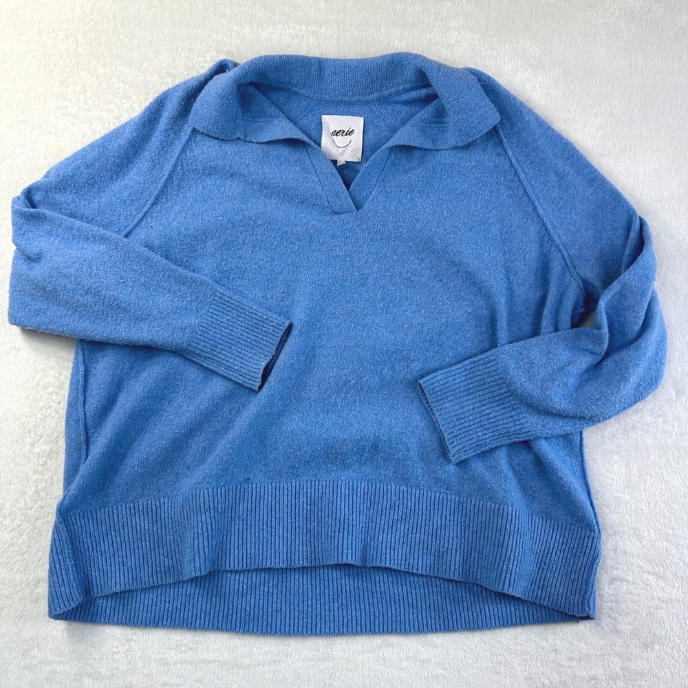 Aerie Coastal Grandmother Blue Collared Polo Sweater Large Soft Girl Knit